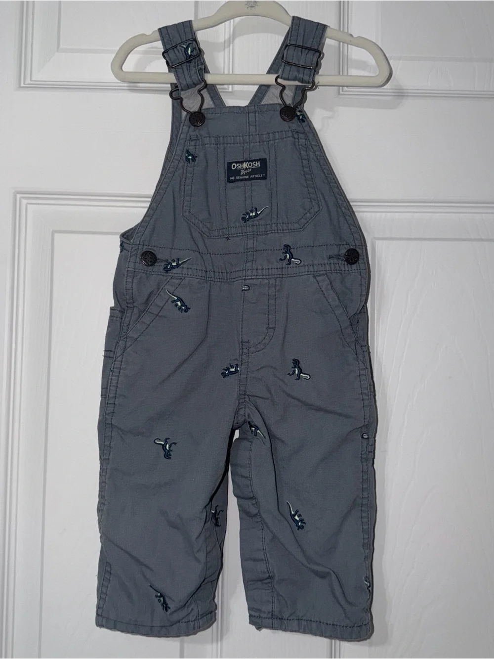 Oshkosh B’gosh Baby Dinosaur Grey Denim Overalls Size 9M